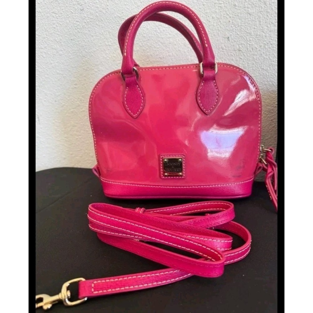 Dooney & Bourke Domed Satchel Hot Pink Patent Leather Natural Trim Zip Closure - Picture 12 of 16